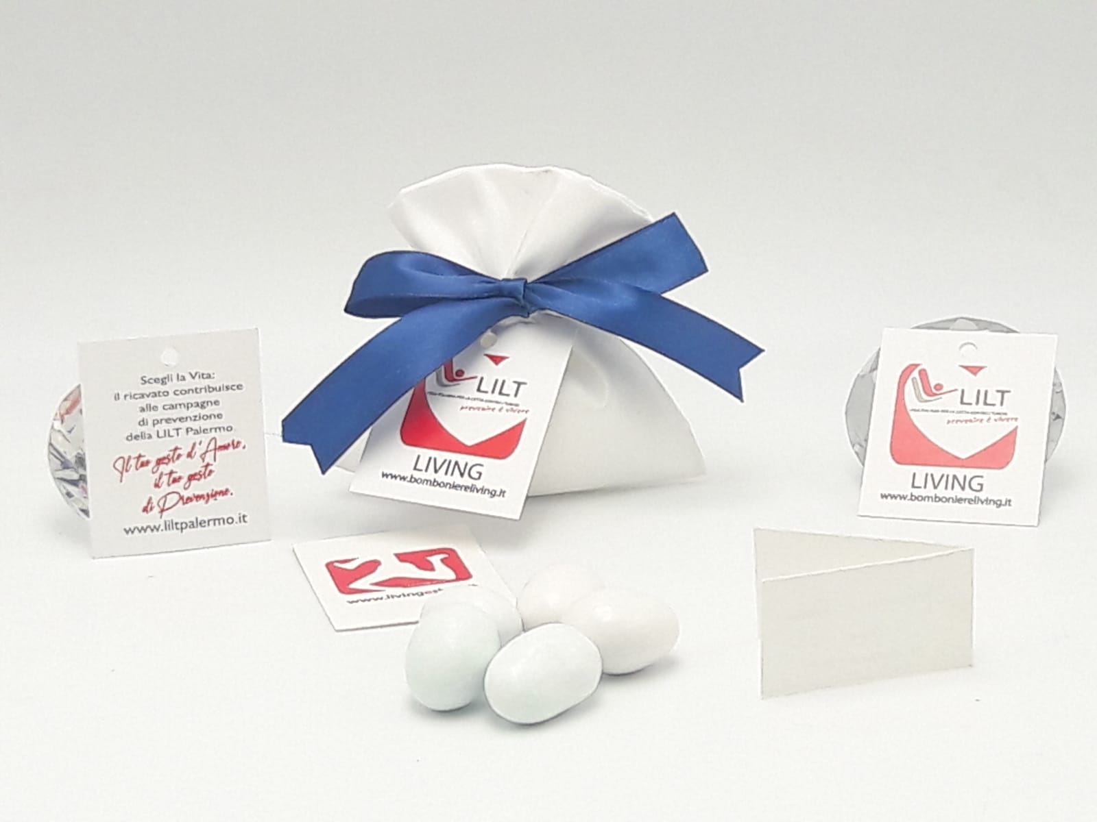 Bomboniera Solidale LILT-LIVING sacchetto porta confetti taffetà bianco