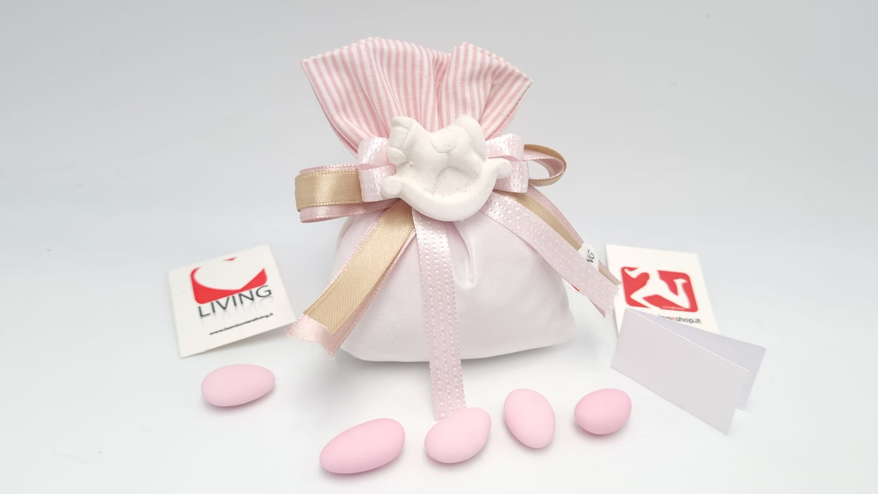 Sacchetto nascita e battesimo taffetà e righe rosa