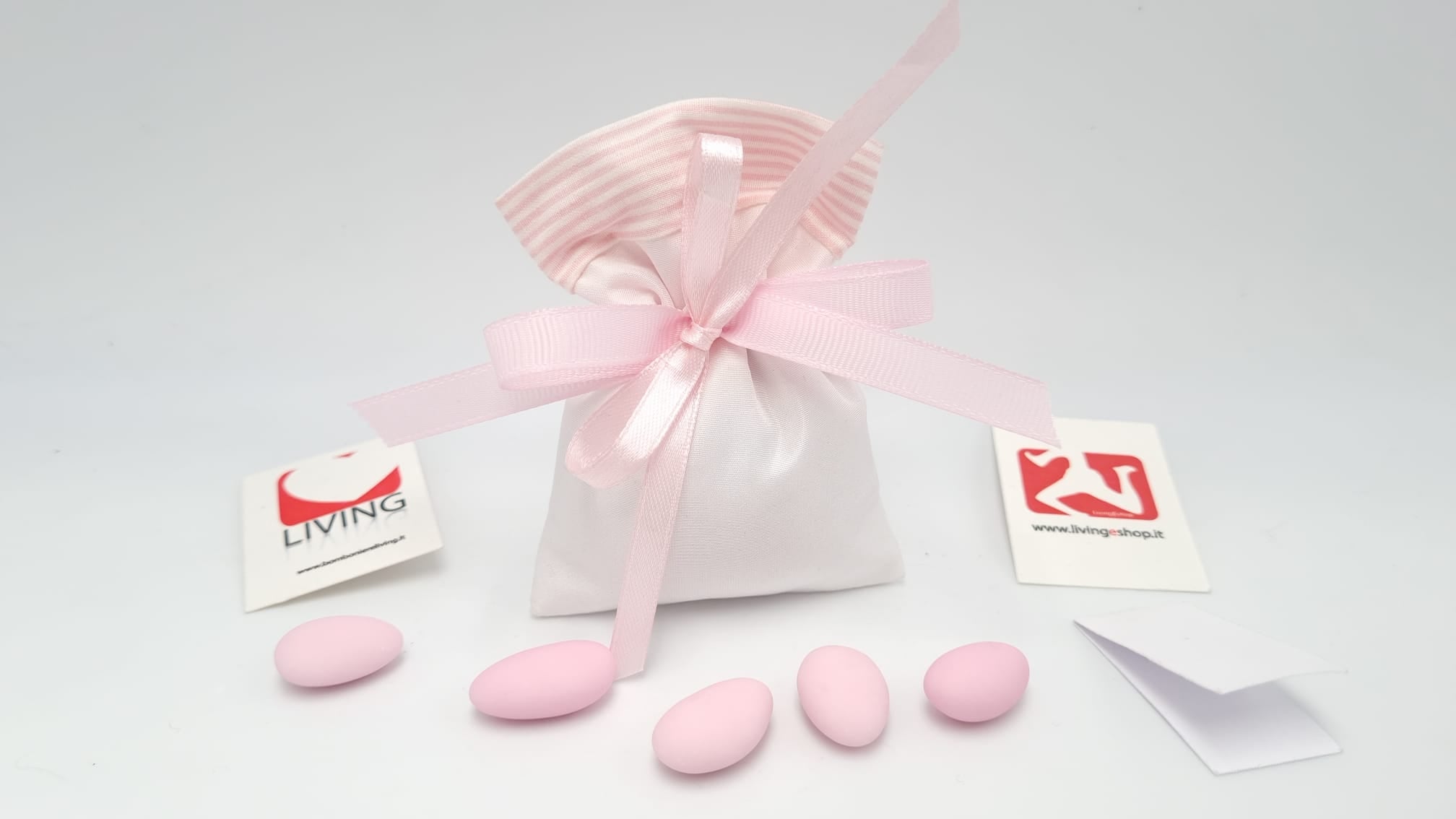 Sacchetto nascita e battesimo taffetà e righe rosa