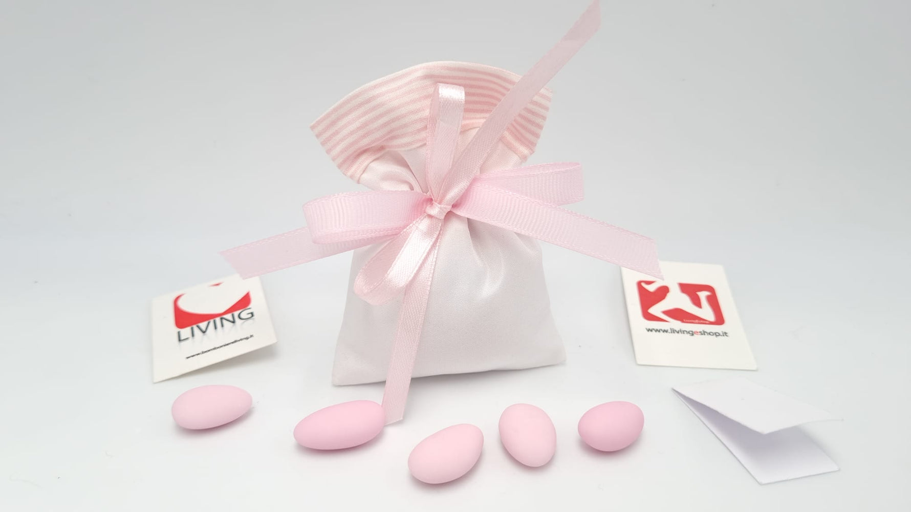 Sacchetto nascita e battesimo taffetà e righe rosa