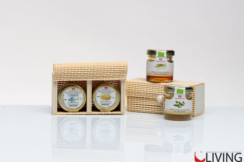 bomboniera set 2 mieli da 35 gr con scatola bamboo
