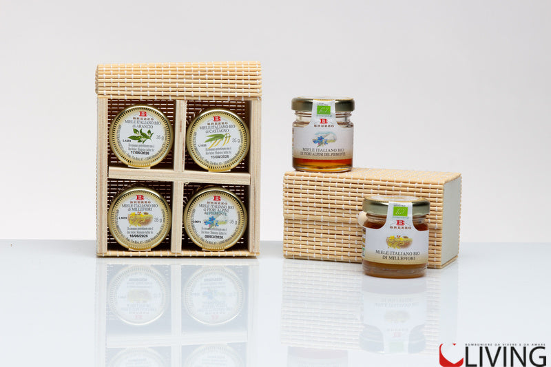 bomboniera set 4 mieli da 35 gr con scatola bamboo