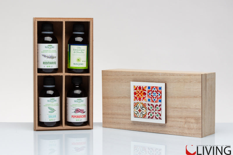 bomboniera set 4 olio exrtravergine di oliva bio scatola legno