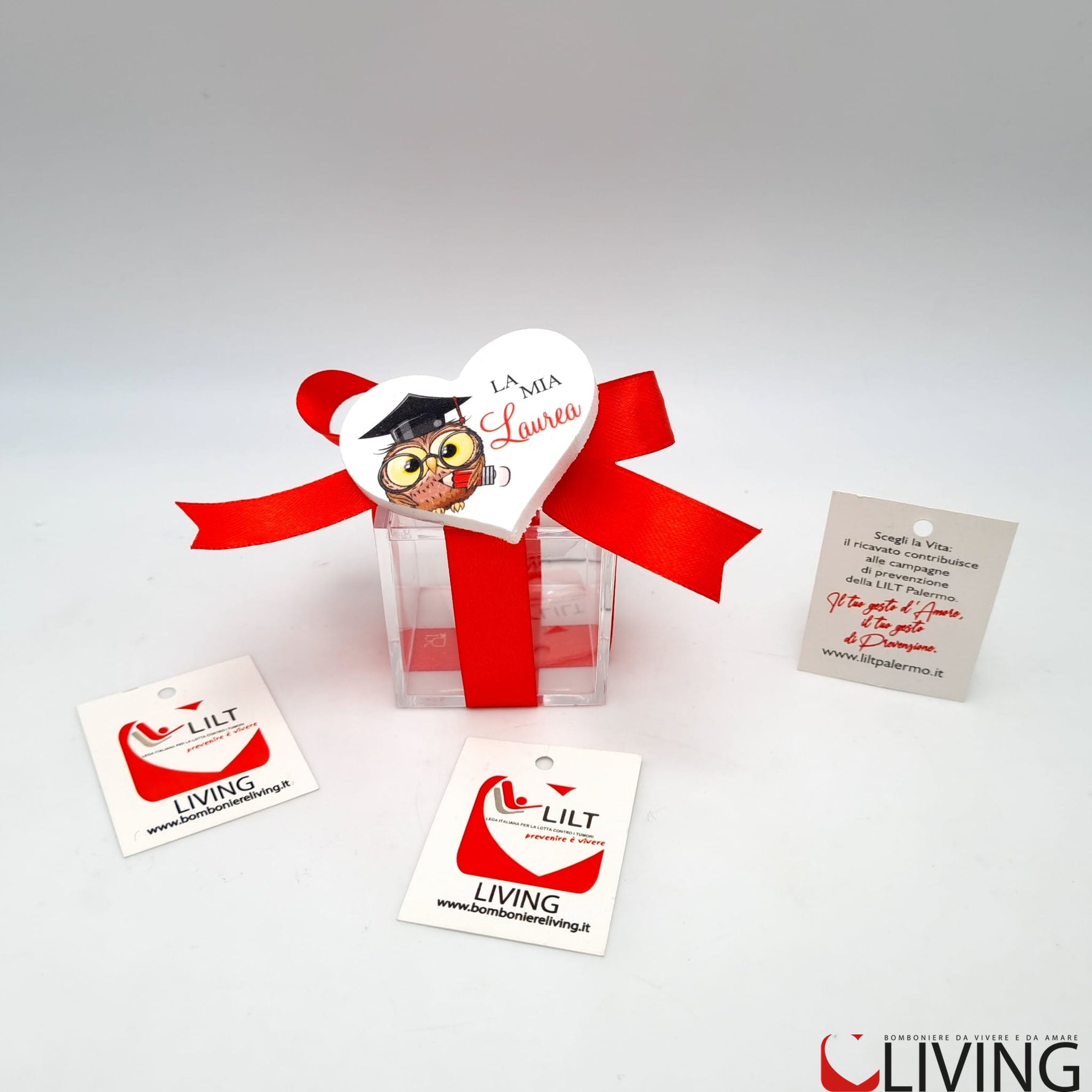 bomboniera linea solidale lilt living scatolina con magnete gufetto laurea