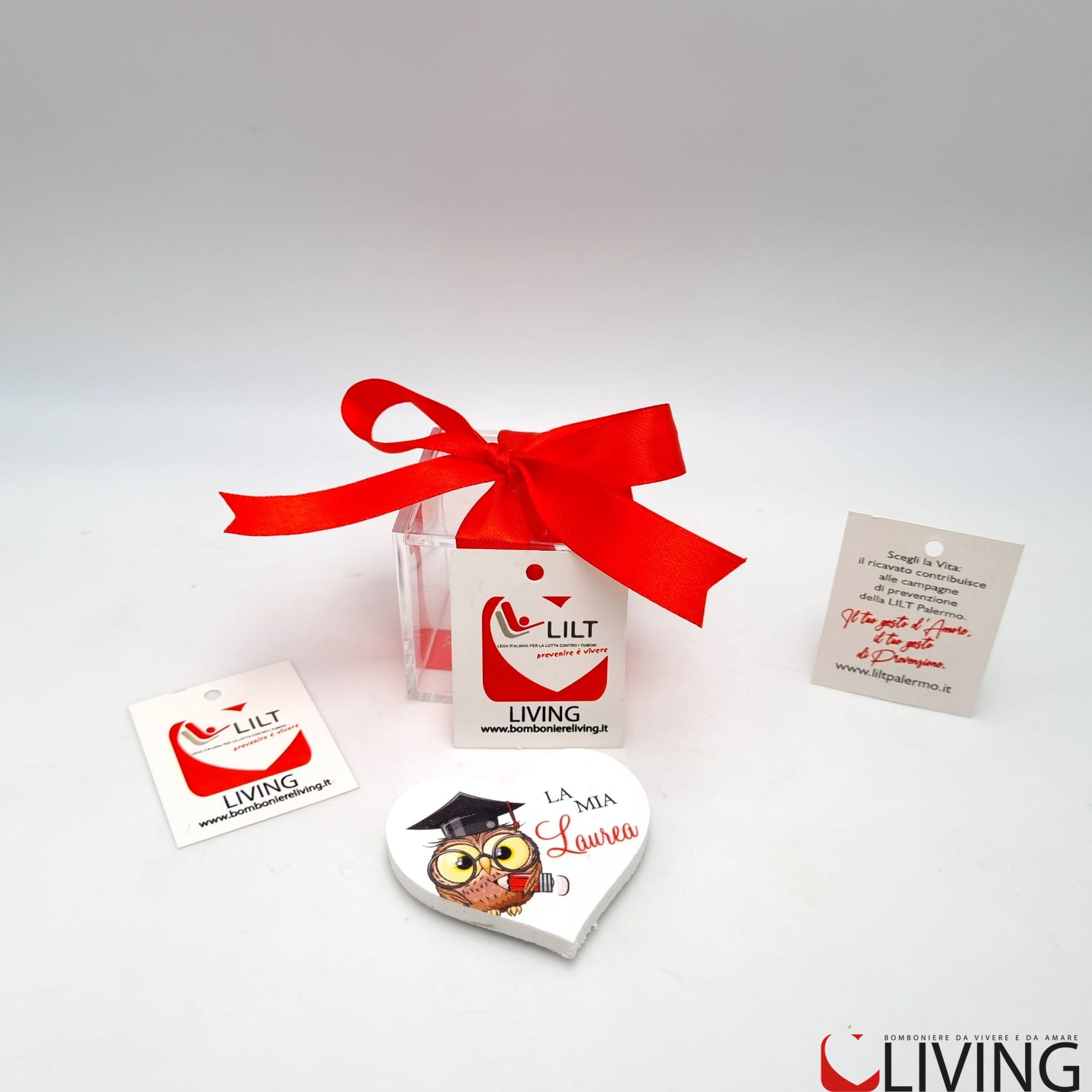 bomboniera linea solidale lilt living scatolina con magnete gufetto laurea