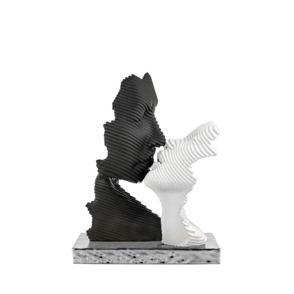bomboniera scultura bacio stilizzata bianca e nera base argento