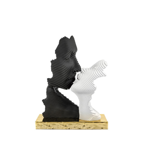 bomboniera scultura bacio stilizzata bianca e nera base oro