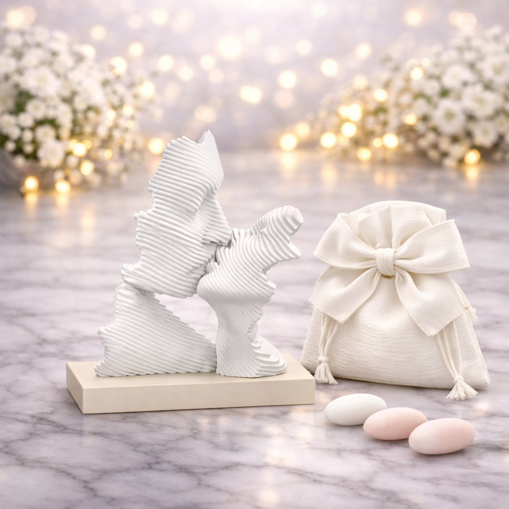 bomboniera scultura bacio stilizzata bianca base nocciola