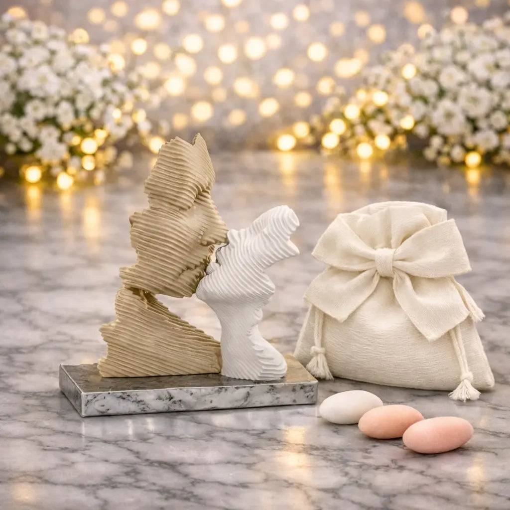 Bomboniera scultura bacio stilizzata nocciola e bianca base argento