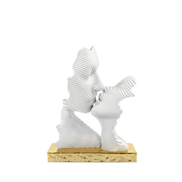scultura bacio stilizzata bianca base oro
