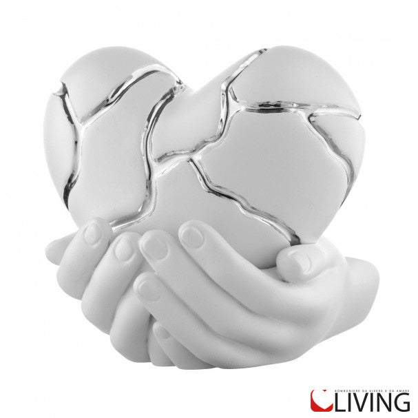 bomboniera mani bianche con cuore effetto kintsugi bianco e venature argento