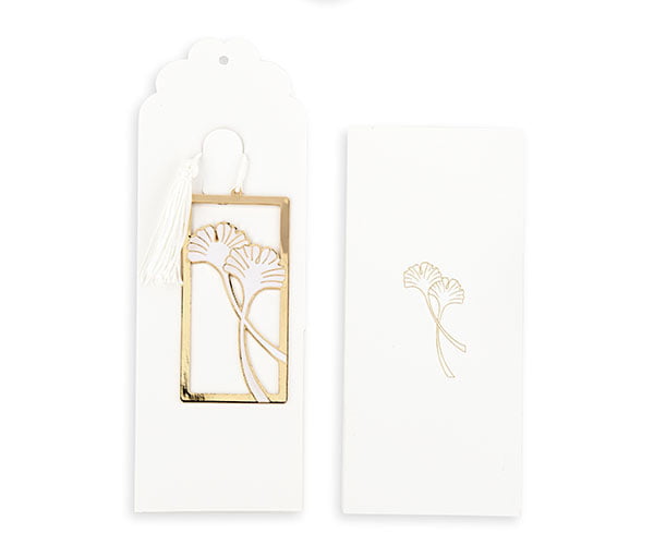 Bomboniera Tema Tropical Chic Segnalibro Foglia Gingko Bianco Oro