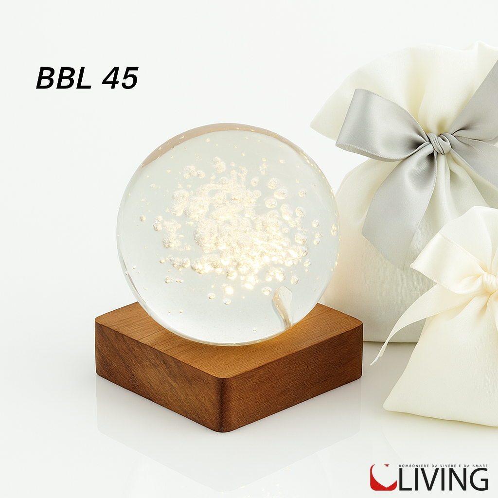 bomboniera sfera bolle con base legno luce led