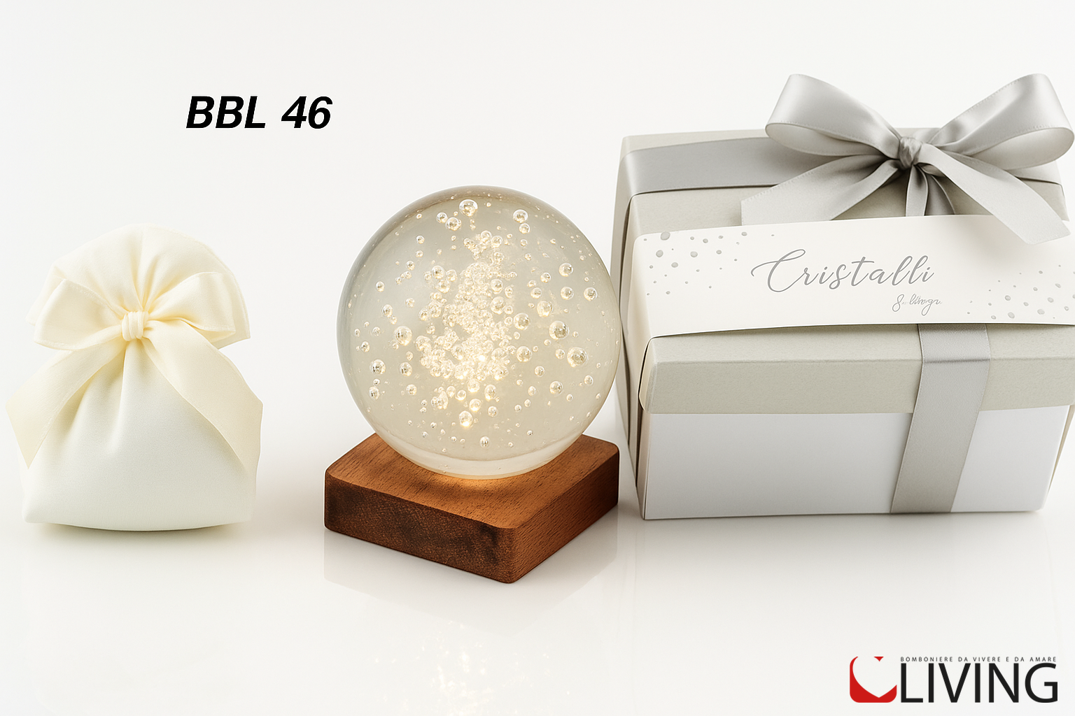 Bomboniera sfera grande bolle con base legno luce led