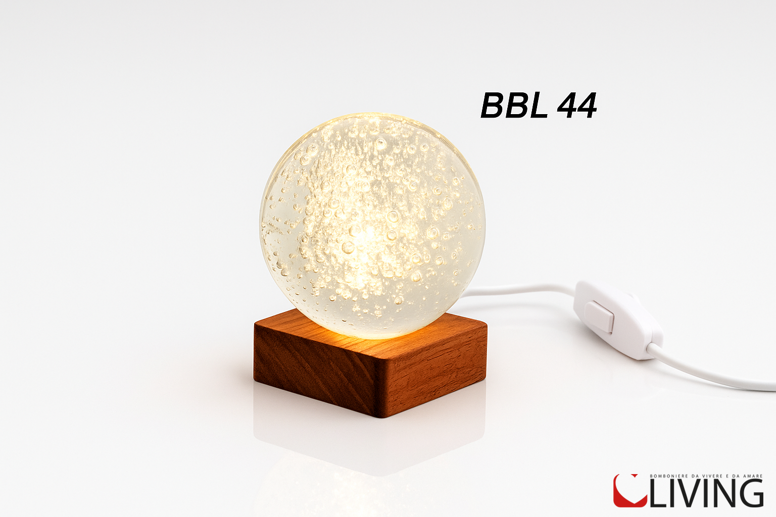 bomboniera sfera piccola bolle con base legno luce led
