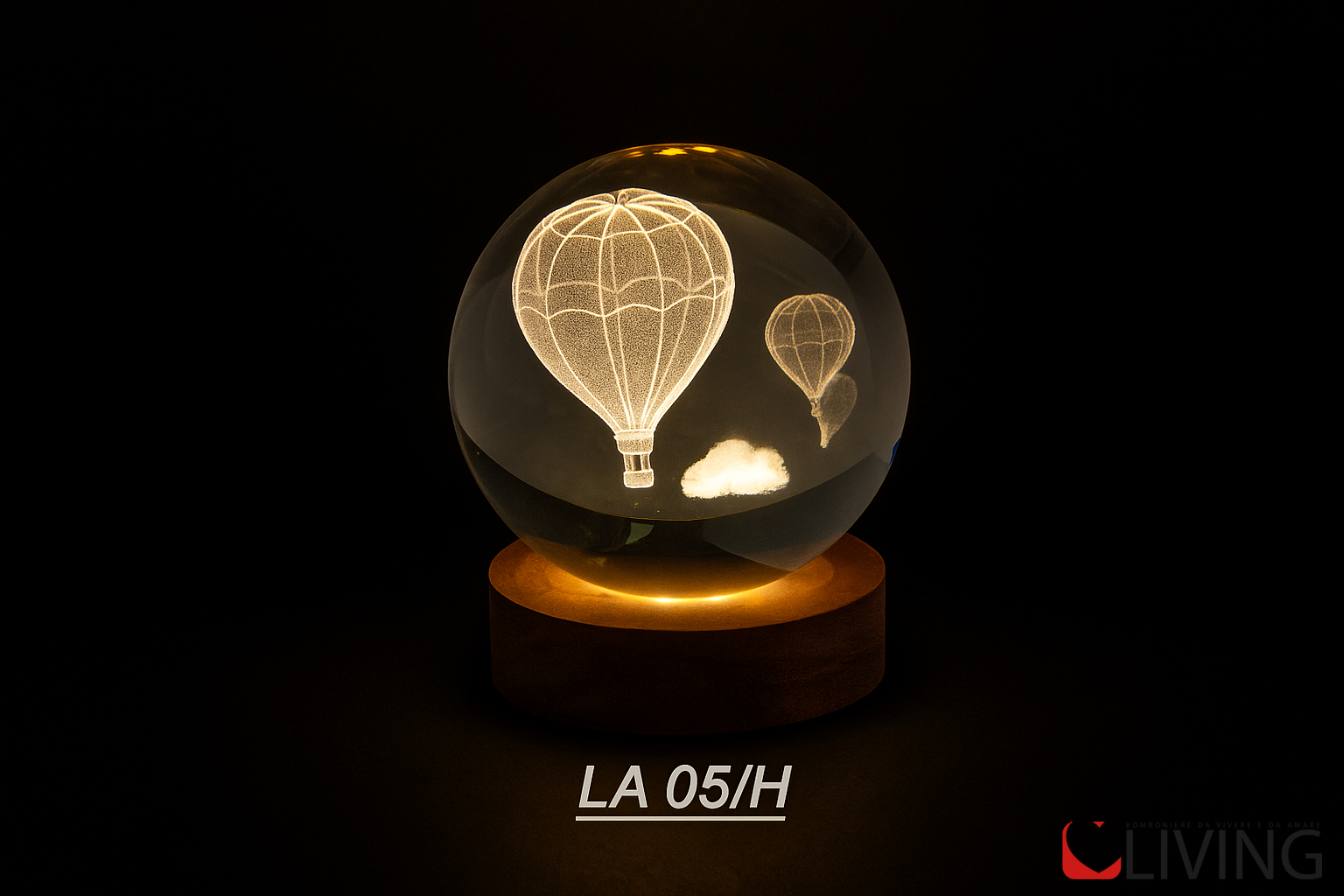 bomboniera sfera vetro mongolfiere con base legno led