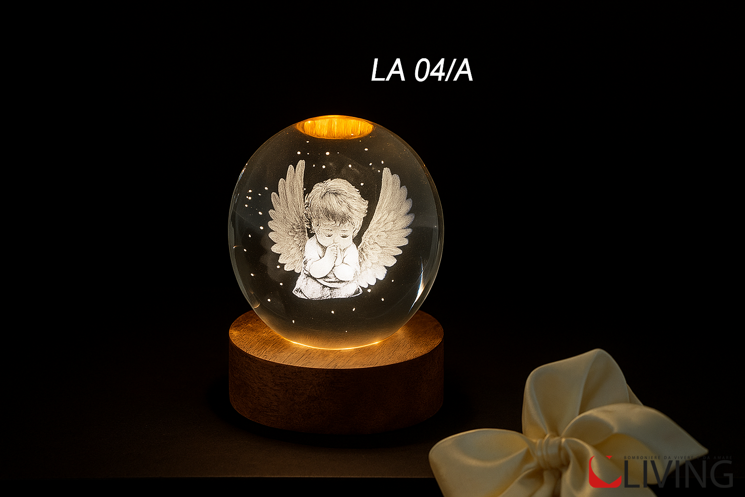 bomboniera sfera vetro angelo con base legno led