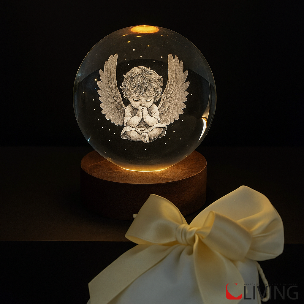 bomboniera sfera vetro grande angelo con base legno led