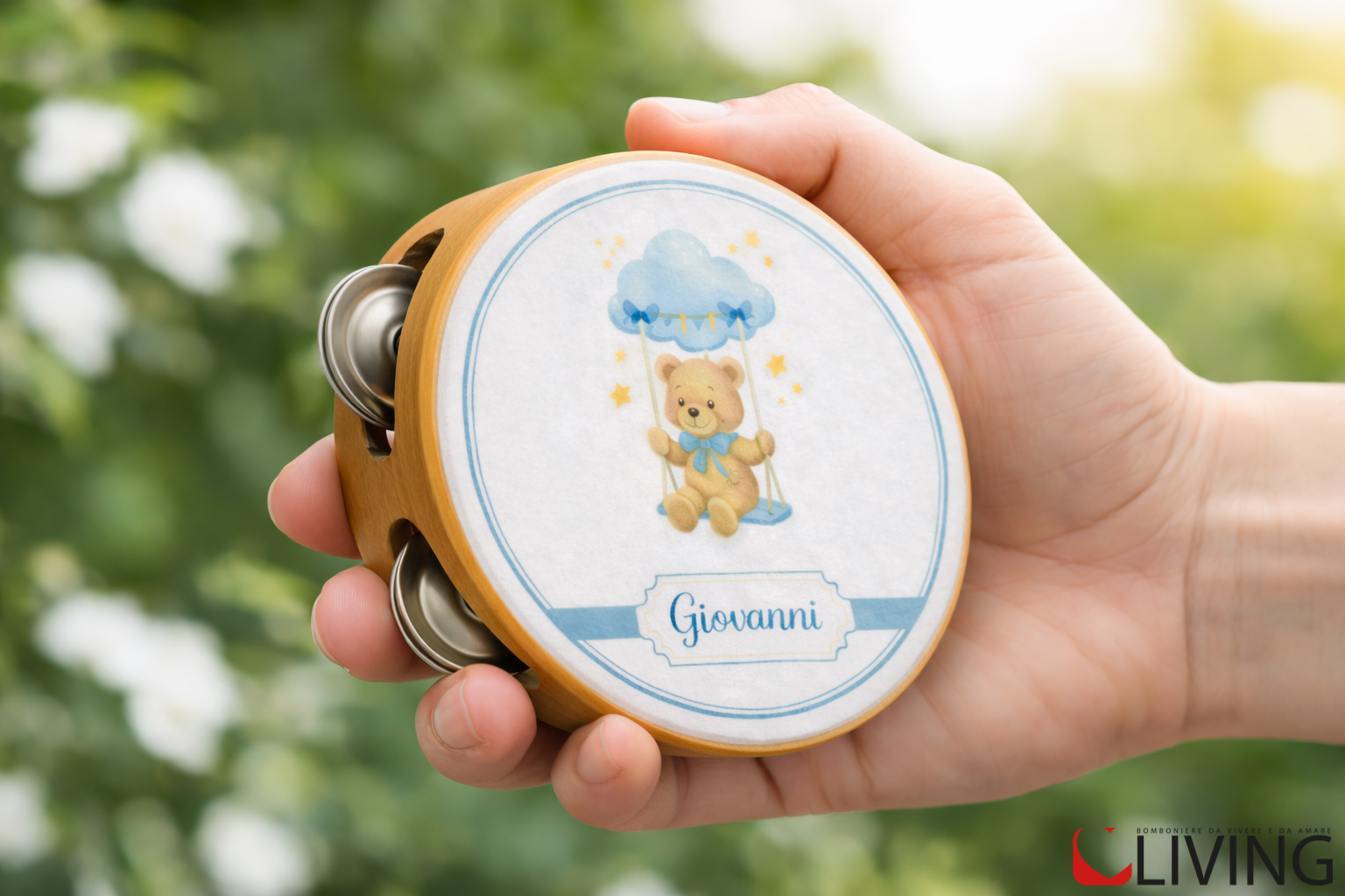 bomboniera tamburello battesimo orsetto azzurro personalizzabile