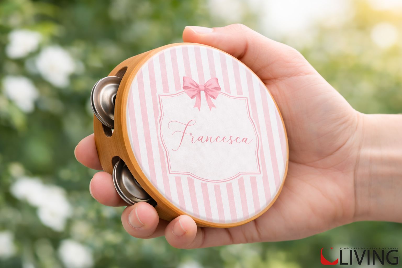 bomboniera tamburello righe rosa personalizzabile