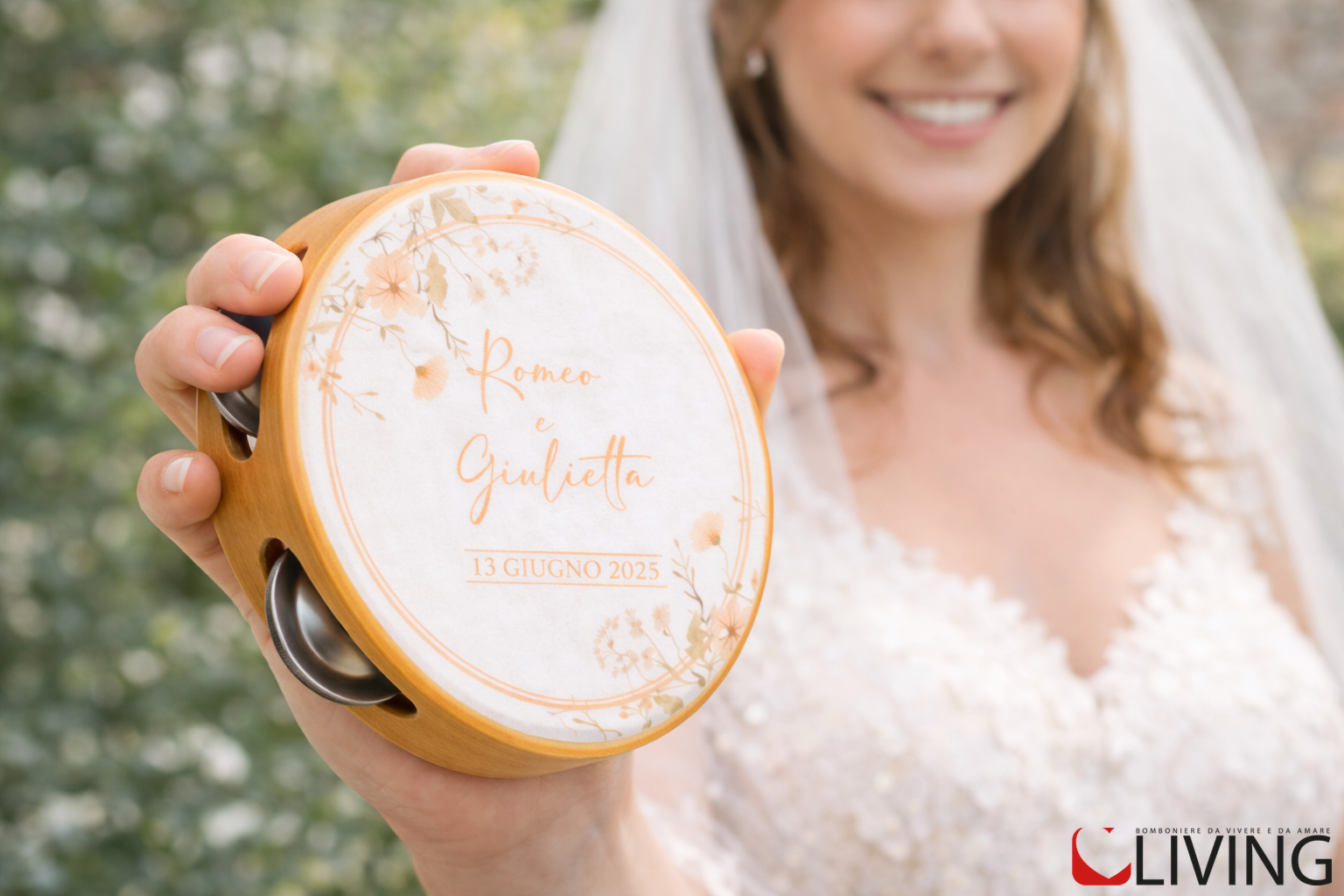 bomboniera tamburello matrimonio decoro floreale personalizzabile