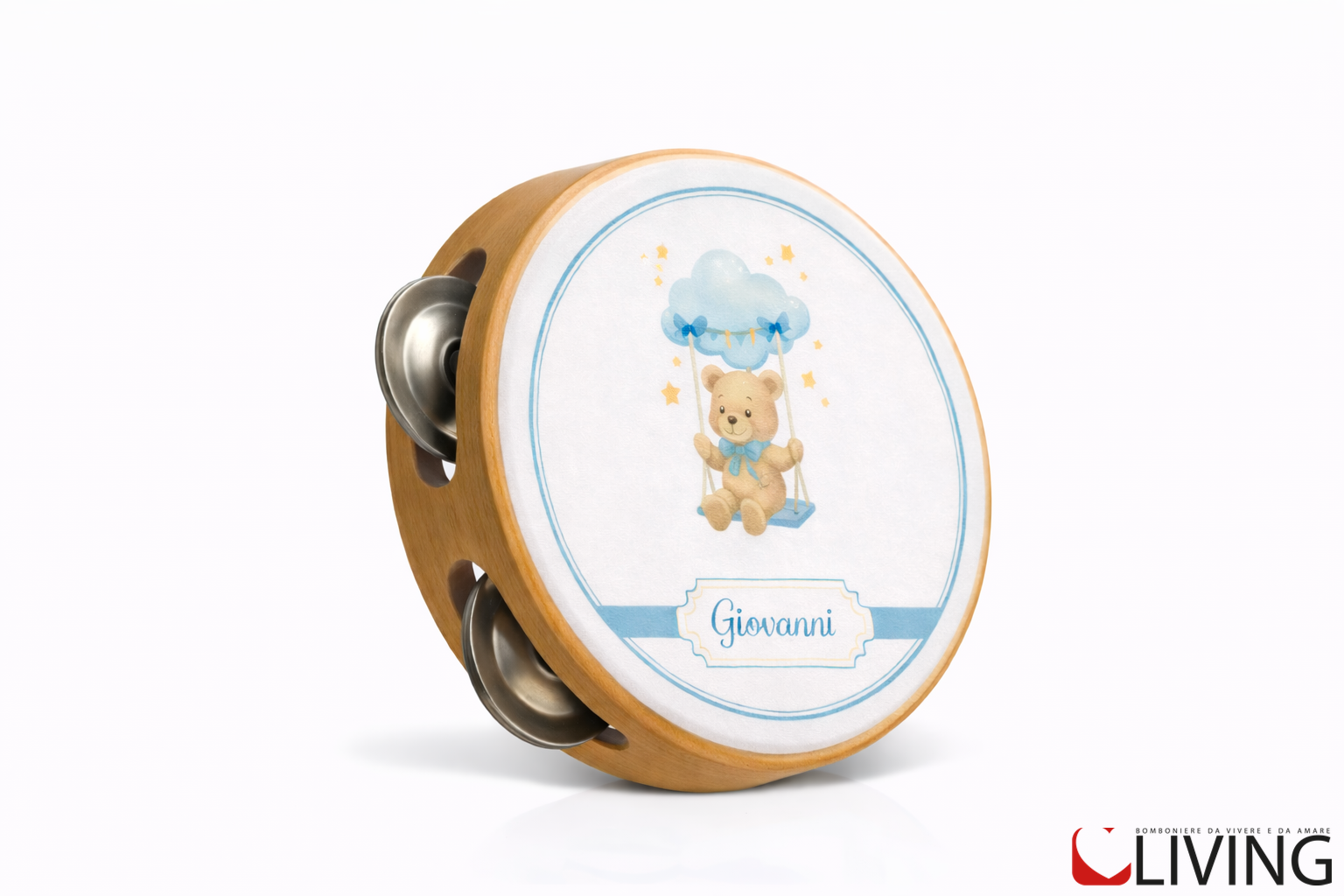 bomboniera tamburello battesimo orsetto azzurro personalizzabile