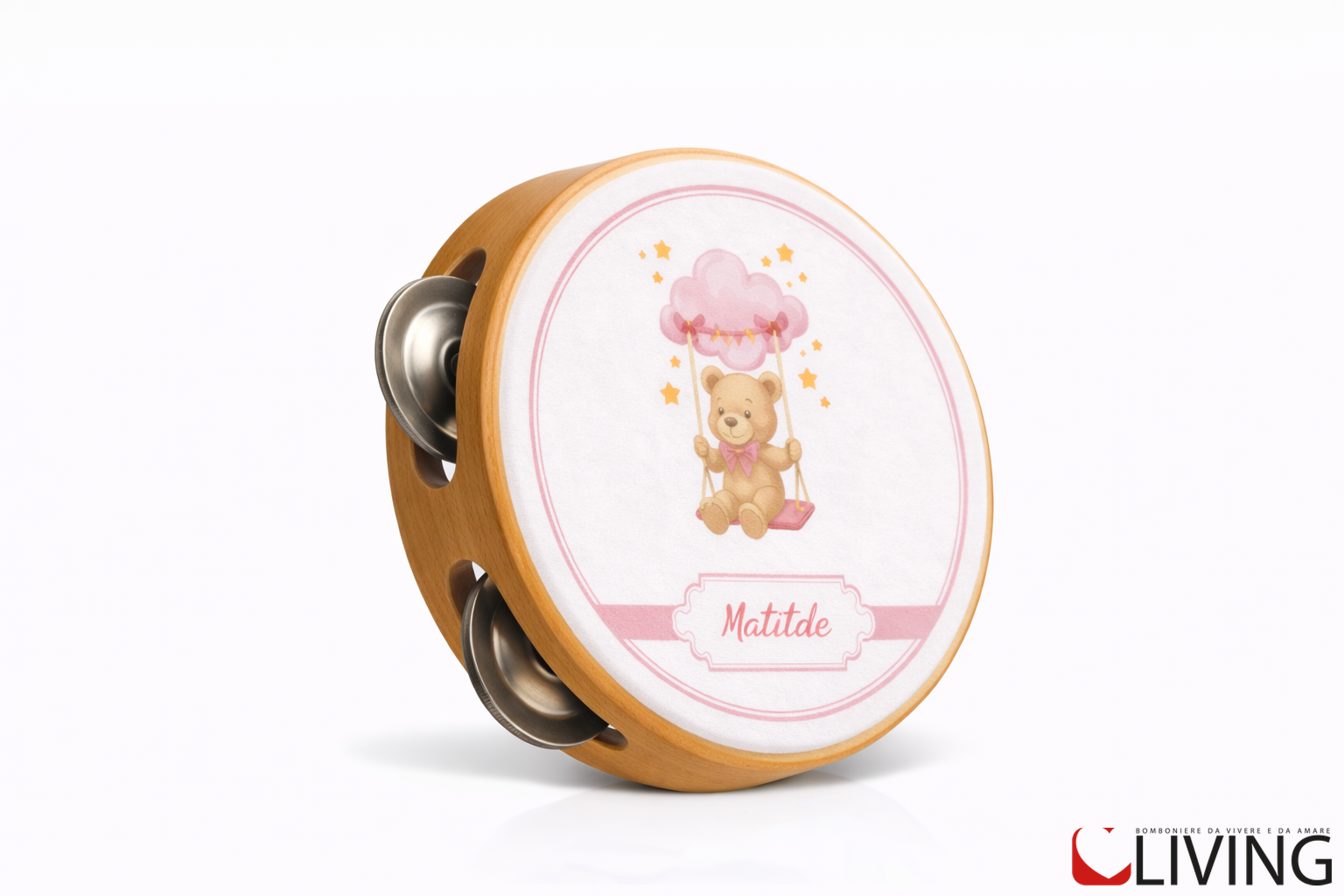 bomboniera tamburello battesimo orsetto rosa personalizzabile