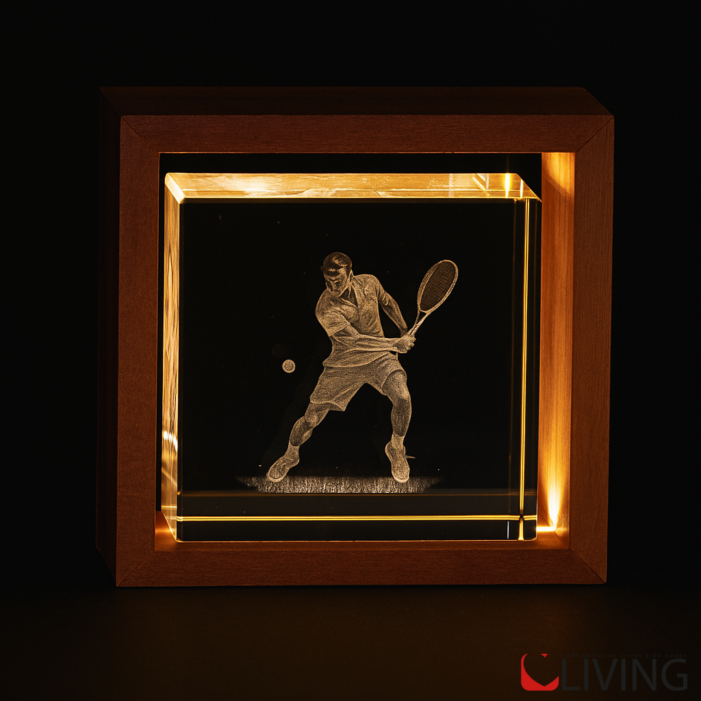 bomboniera teca legno grande con tennista luce led