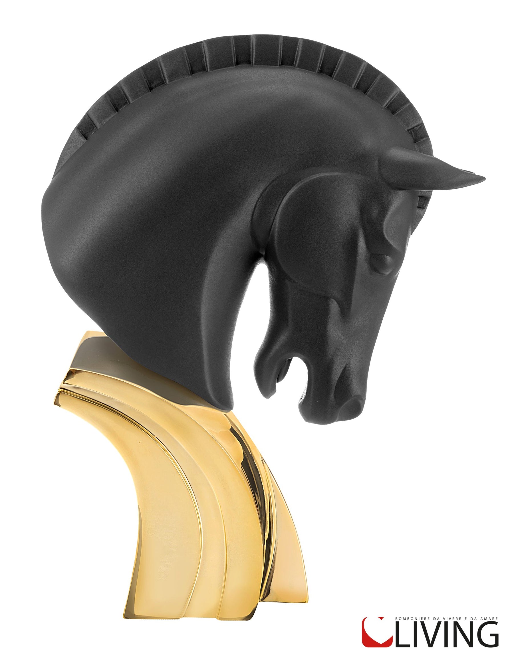 bomboniera testa di cavallo nera con base oro