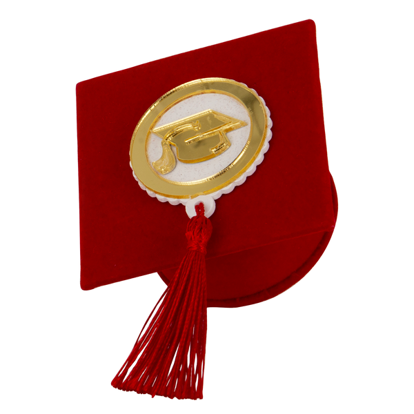 bomboniera tocco laurea rosso con applicazione plex oro