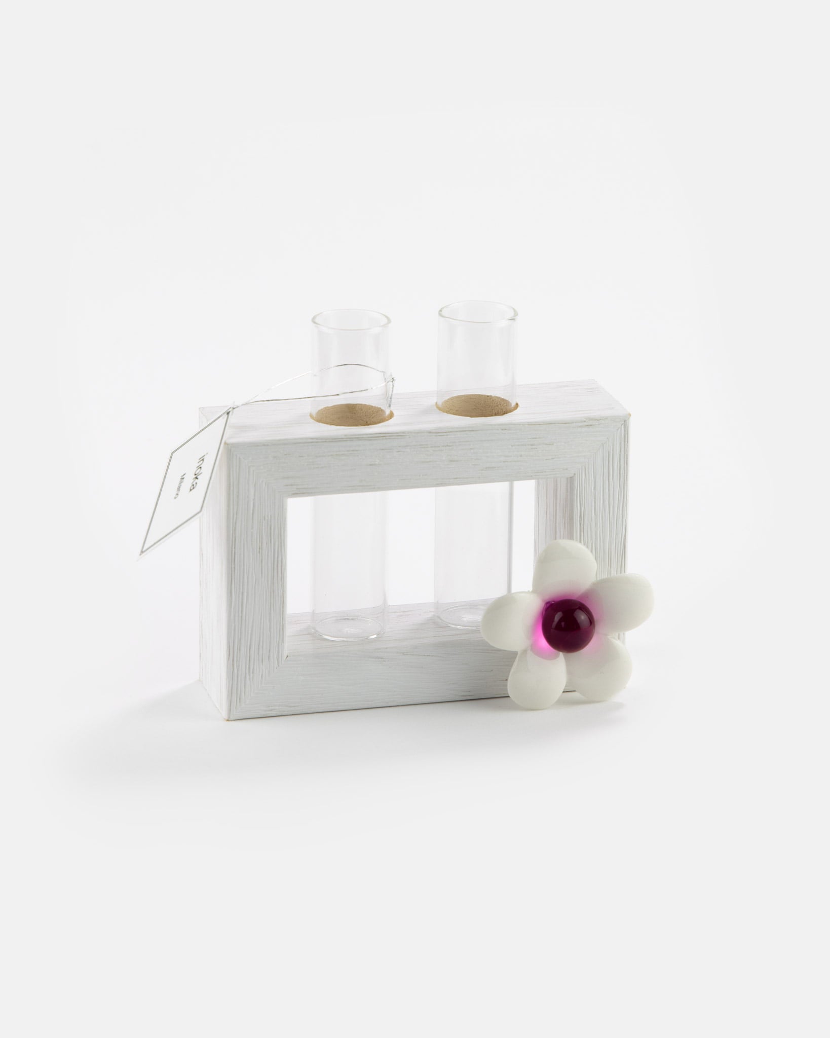 Vasetto Doppio Con Cornice In Legno Applicazione Fiore