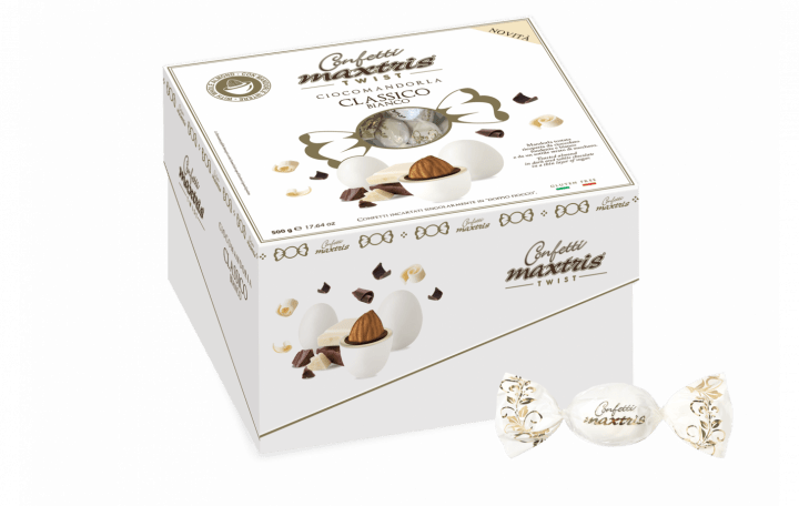 Mandorla tostata ricoperta da cioccolato fondente e bianco e da un sottile strato di zucchero.