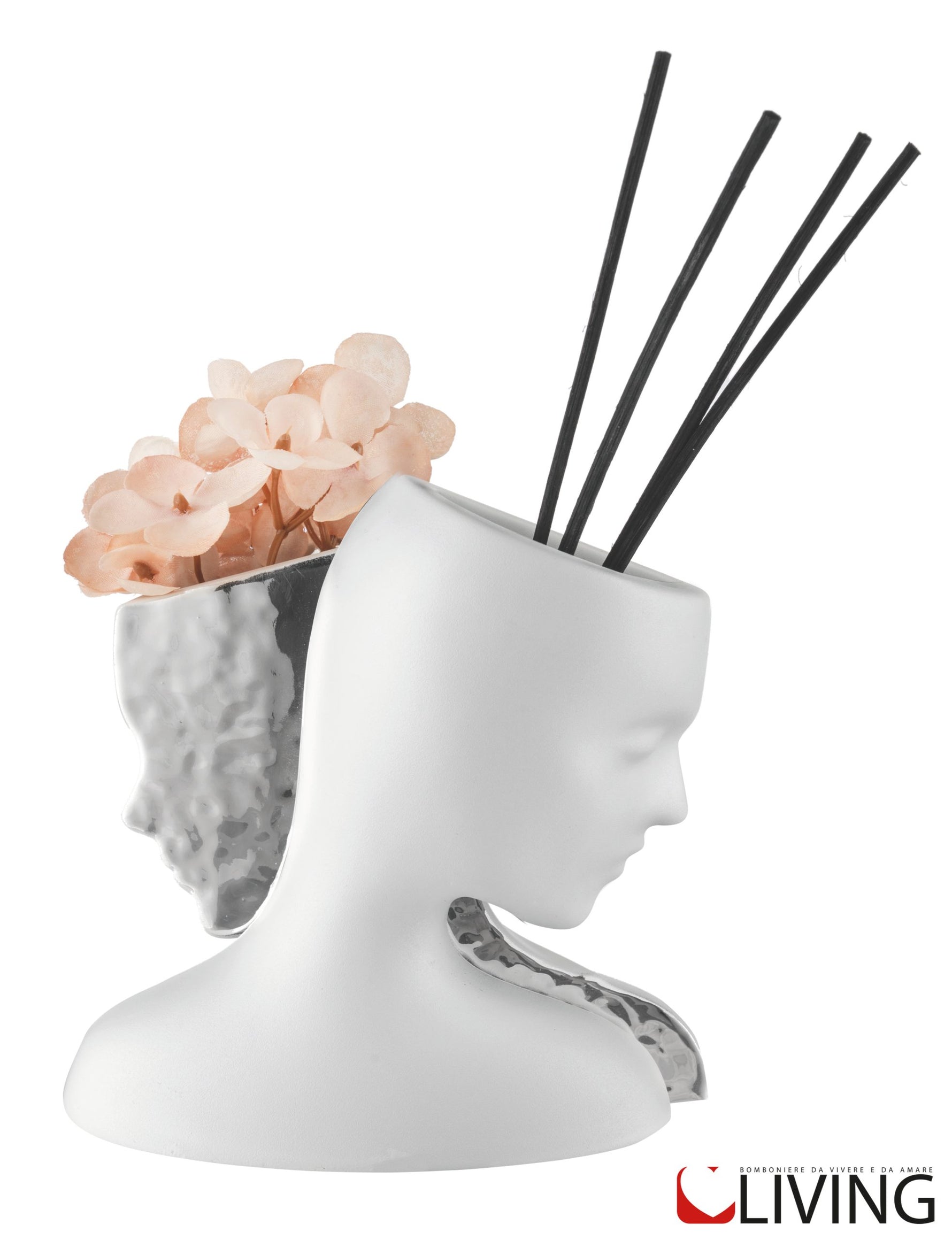 bomboniera vaso profumatore viso bianco argento